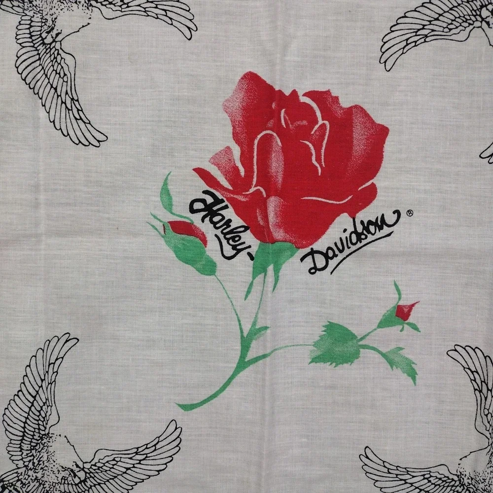 Vintage 80s Harley Davidson Bandana Rose Upwing Eagle Bar Shield USA Made White